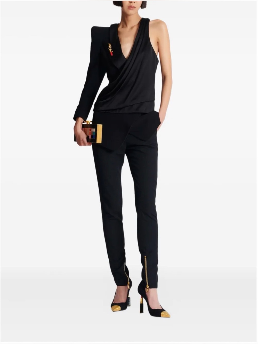 Balmain Black Asymmetric Jacket with structured shoulder NWT 36